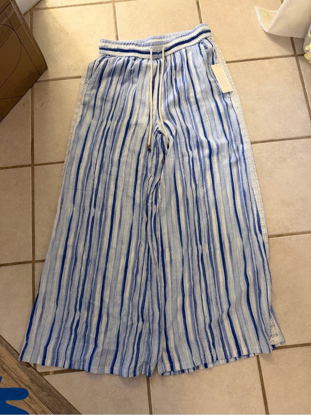 Light Blue Striped Wide-Leg Women's Pants